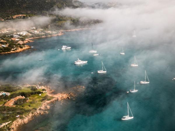 Aerial view of yachts in a bay in Sardinia