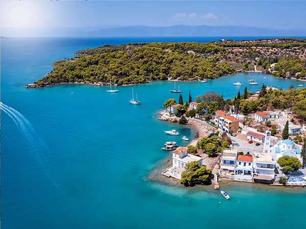 Aerial view of the town Porto Cheli, a luxury seaside retreat at the east edge of the Peloponnese peninsula, Greece