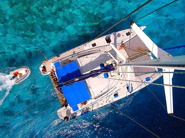 Amazing view to Catamaran cruising in open sea - birds eye angle