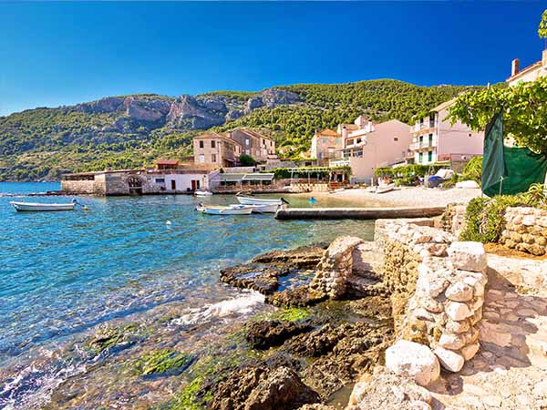 Komiza on Vis island coastline view, Dalmatia, Croatia