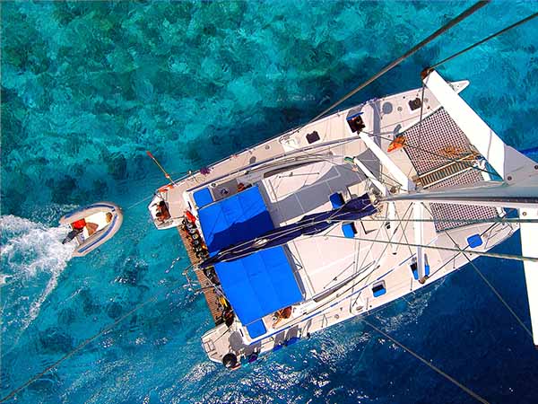 Amazing view to Catamaran cruising in open sea - birds eye angle