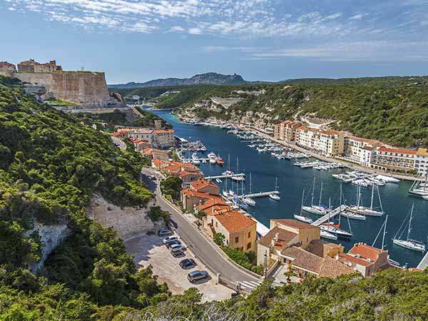 Landscape of Bonifacio with the Harbor and The Citadel at left. Corsica Island, France