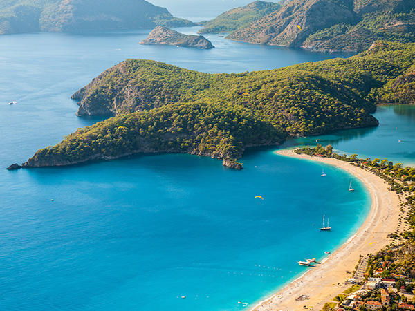 oludeniz lagoon in sea landscape view of beach, Turkey