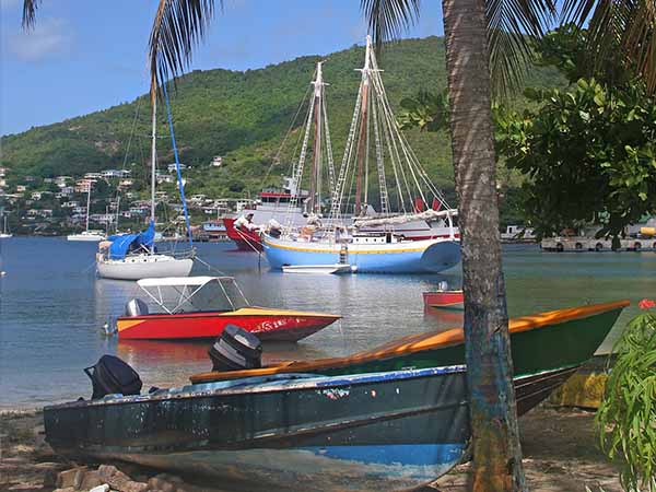 Boats moored in Admiralty Bay, Bequia, an island close to St. Vincent and the Grenadines in the Caribbean.