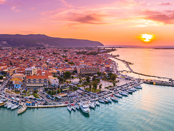 Lefkas (Lefkada) town, amazing aerial view at sunset, Greece