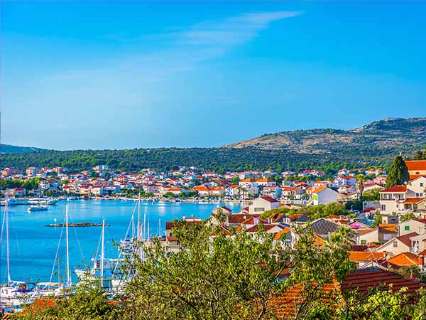 Aerial scenic view at Rogoznica town, small picturesque tourist resort in Croatia, Dalmatia region.