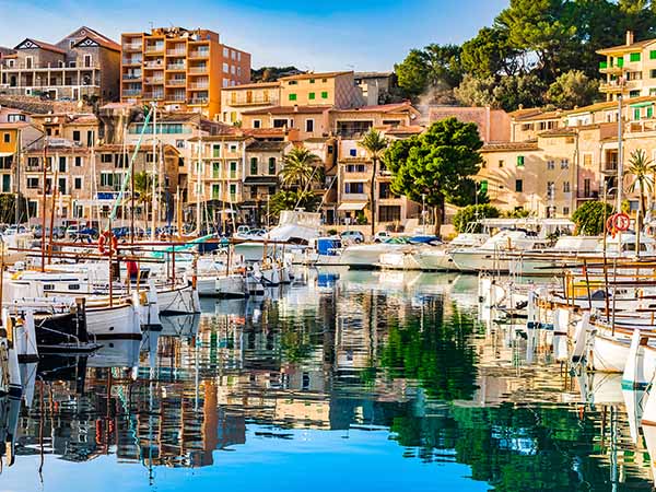 Beautiful view of Port de Soller, Majorca island, Spain Mediterranean Sea.