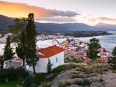 Poros sunset, Greece Yacht charter Sailing holiday Peloponnese flotilla