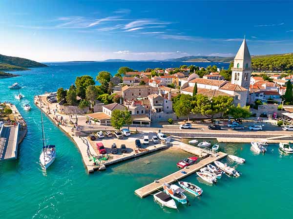 Town of Osor aerial view, bridge between Cres and Mali Losinj islands, Adriatic archipelago of Croatia