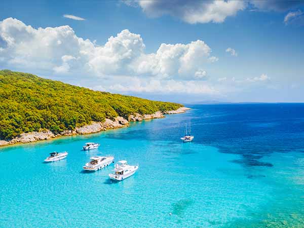 Great aerial view of the blue lagoon on a sunny day. Location Kvarner Gulf, Cres - Adriatic island in Croatia, Europe