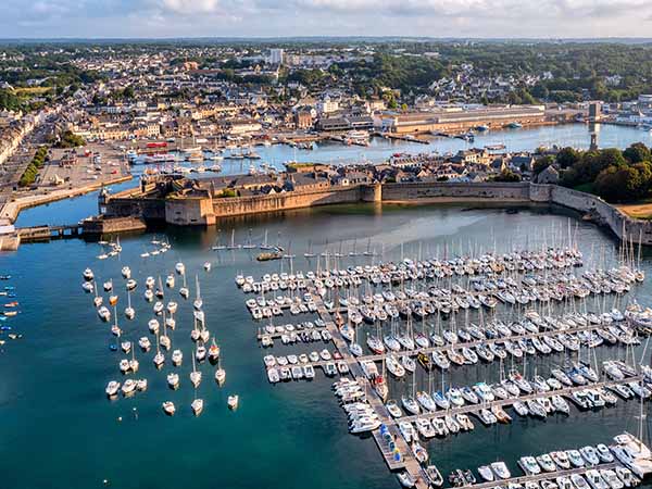 Aerial view of the Ville Close, the medieval walled Old town of Concarneau and yacht port, Brittany, France