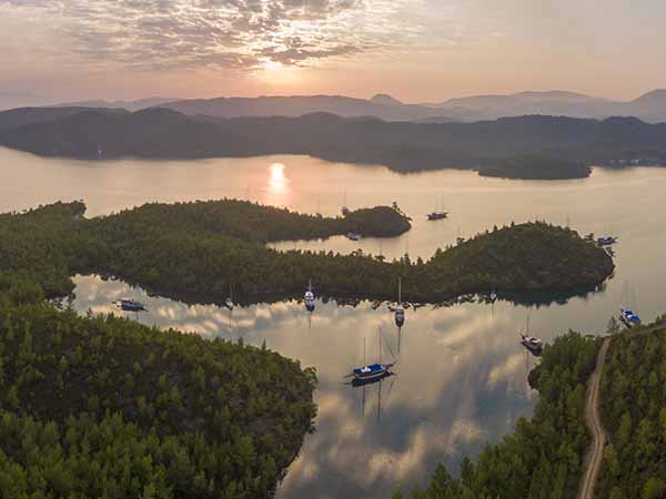 Aerial panorama of English Harbor in Gokova Gulf Bodrum Turkey