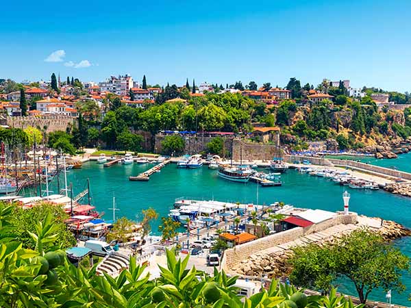 Panoramic view of harbor in Antalya Kaleici Old Town. Antalya, Turkey