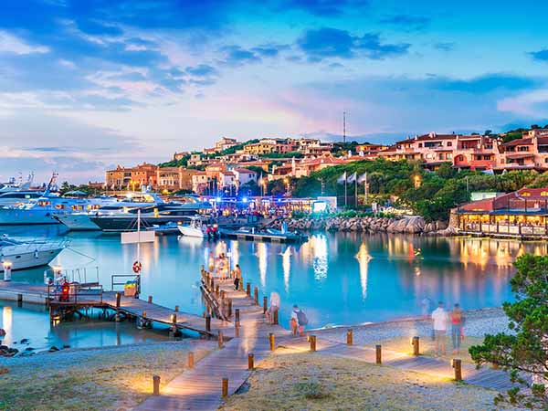 View of harbor and village Porto Cervo, Sardinia island, Italy