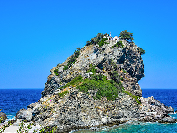 Mamma Mia church on top of a cliff, Skopelos, Greece