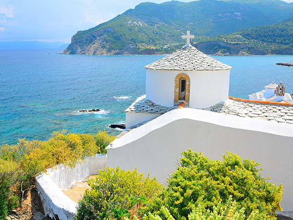 Beautiful white church above Chora on Skopelos island, Greece