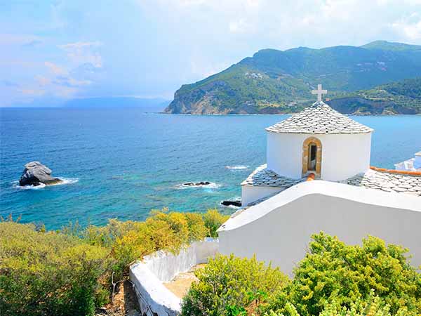 Beautiful white church above Chora on Skopelos island, Greece