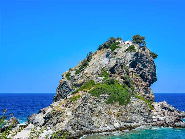 Mamma Mia church on top of a cliff, Skopelos, Greece