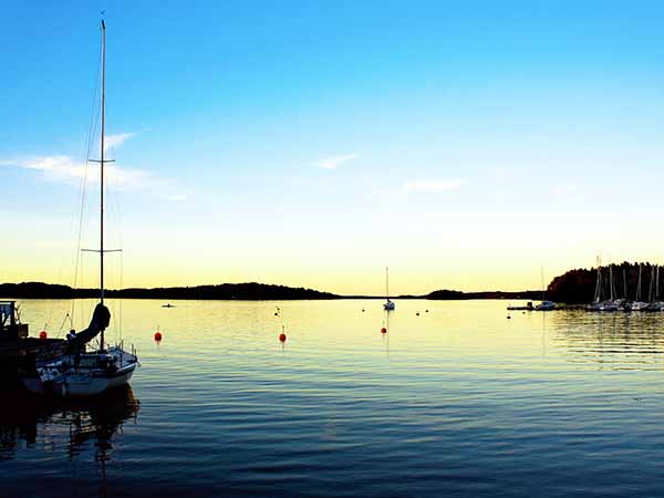 Marina with yachts in Stockholm archipelago at night