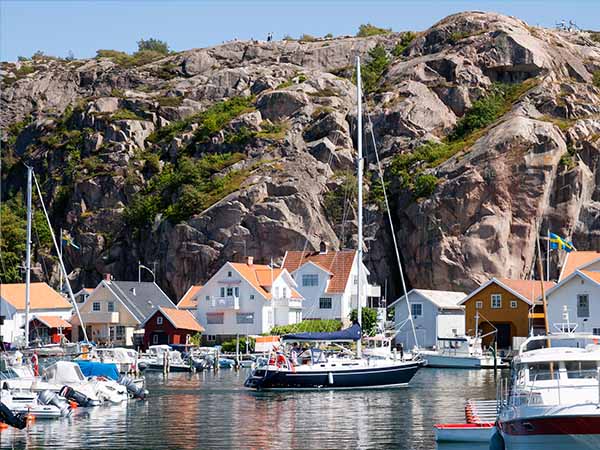 Yachts in a marina at the Swedish fishing village Fjällbacka on the west coast.