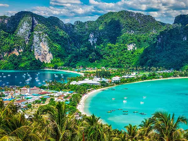 Travel vacation background - Tropical island with resorts - Phi-Phi island, Krabi Province, Thailand