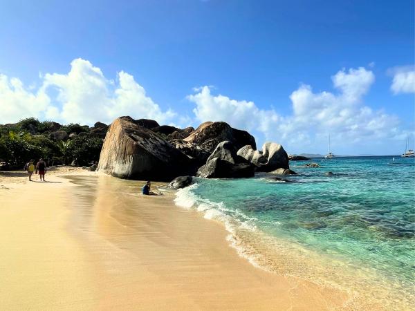 Giant Boulders on a sandy beach with beautiful turquoise waters of the Baths National Park, Virgin Gorda, British Virgin Islands (BVI)