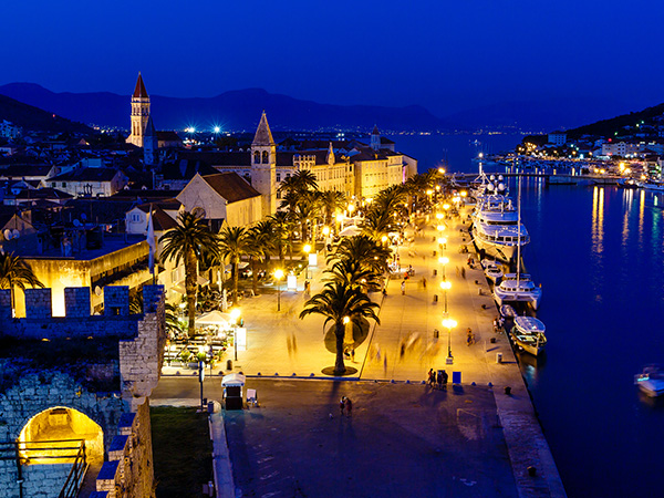 Aerial View on Illuminated Ancient Trogir in the Night, Croatia
