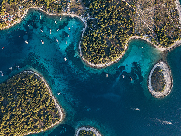 Aerial, birds-eye view to amazing pakleni islands near Hvar Croatia.