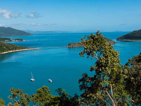 Aerial view of South Molle Island, part of the Whitsunday Islands. It is a resort island in the Whitsunday section of the Great Barrier Reef Marine Park in Australia.