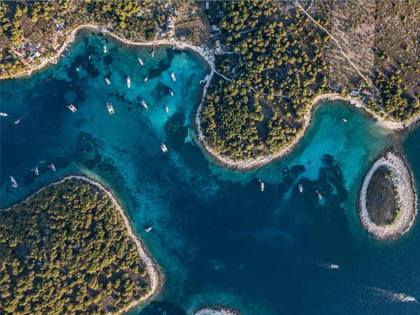 Aerial, birds-eye view to amazing pakleni islands near Hvar Croatia.