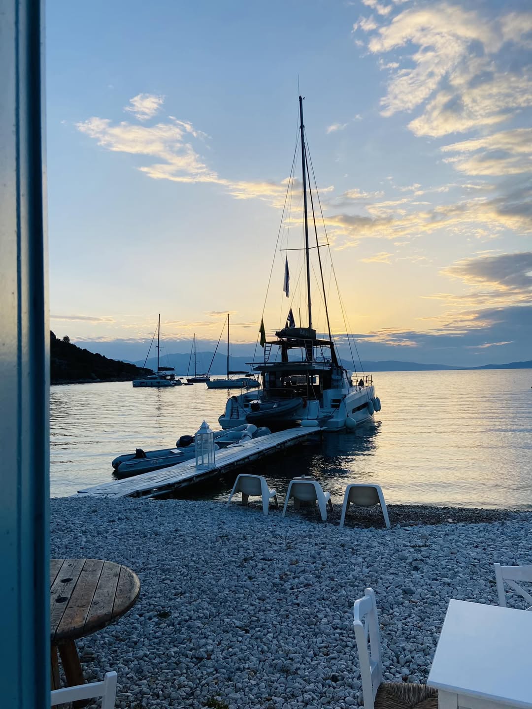 Cat moored at Varka Taverna